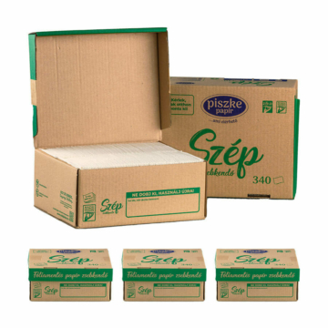 Ökotudatos Szép papír zsebkendő környezetbarát, fóliamentes csomagolásban, 4 dobozos kiszerelésben.