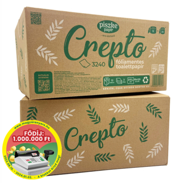 Környezetbarát Crepto wc papír, 3 rétegű, 12 tekercses fóliamentes, dobozos csomagolásban