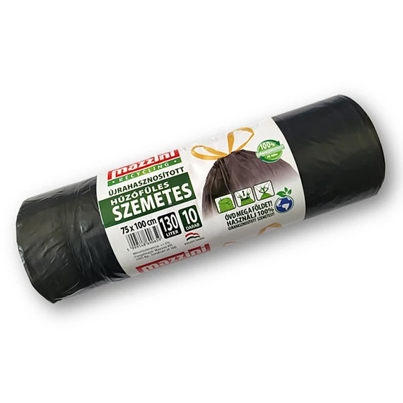 MAZZINI Újrahasznosított Húzófüles Szemetes 130 l (75x100cm) 10 db/roll (fekete)